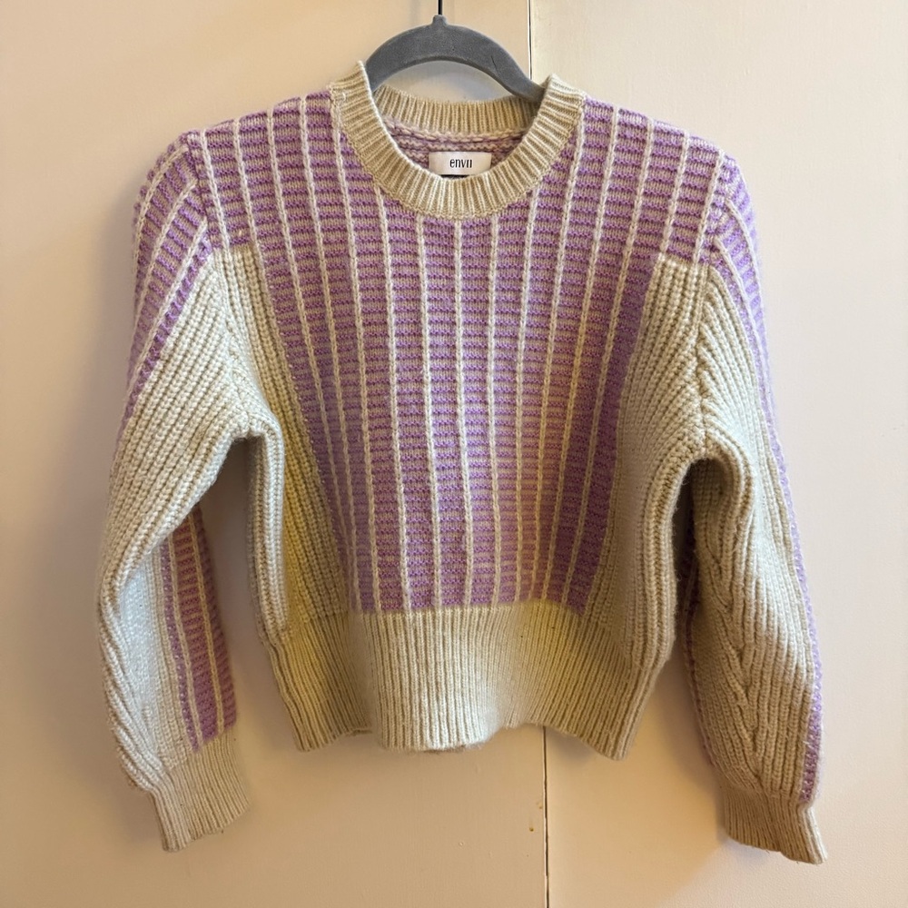Envii Women's Striped Purple and Cream Cropped Sweater Size Medium
